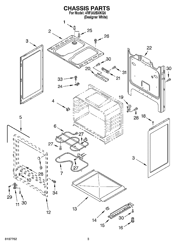 CHASSIS PARTS Diagram and Parts List for 4RF302BXKQ0  Whirlpool Range