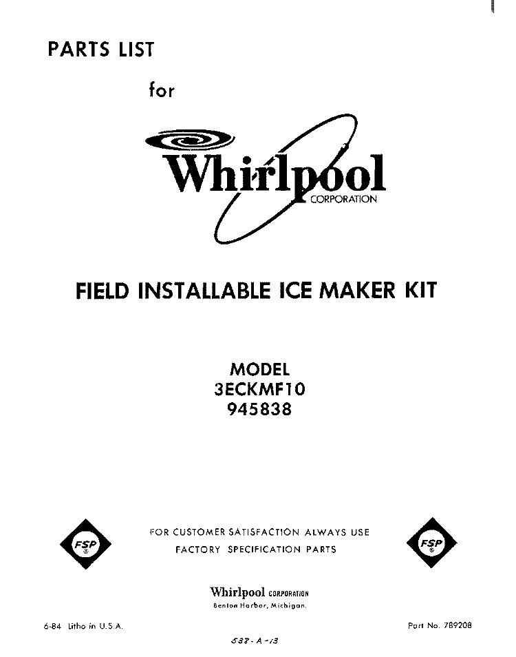 SECTION Diagram and Parts List for 3ECKMF10  Whirlpool Ice Maker