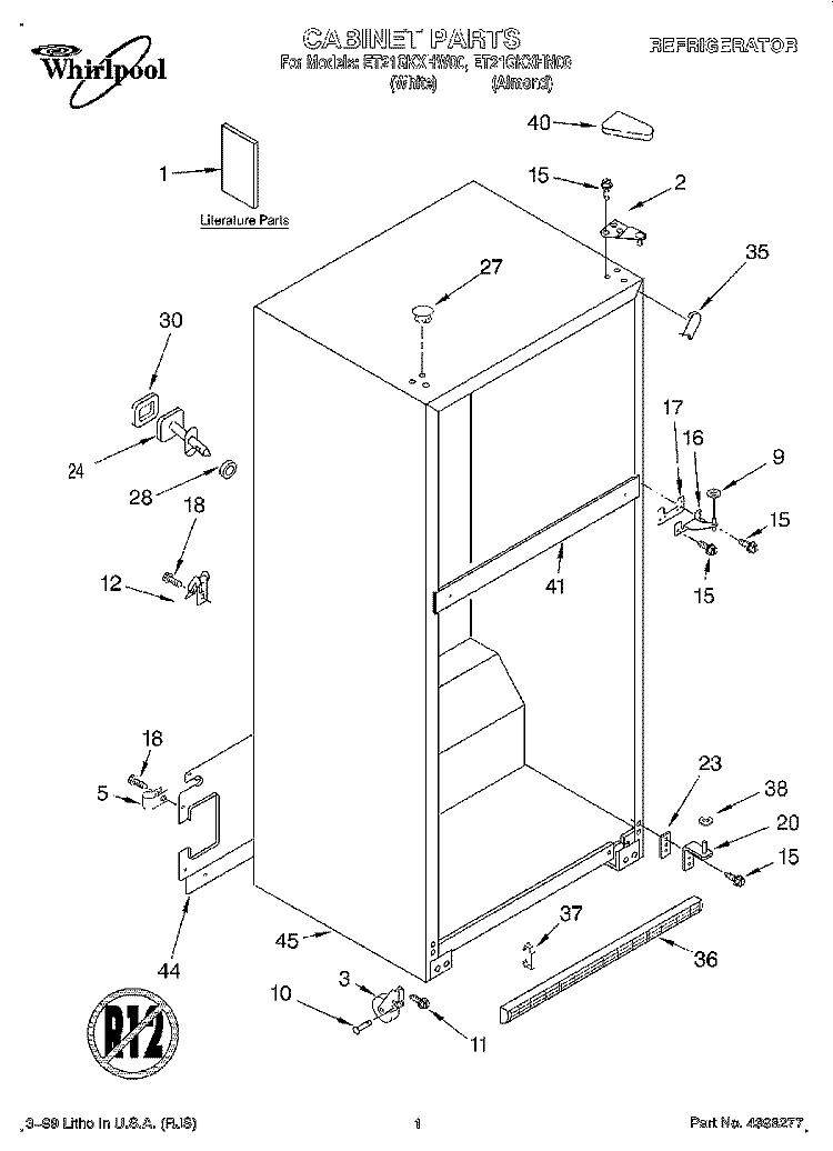 CABINET, LITERATURE Diagram and Parts List for ET21GKXHN00  Whirlpool Refrigerator