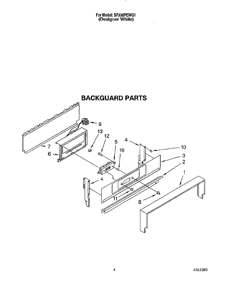 BACKGUARD Diagram and Parts List for SF330PEWQ1  Whirlpool Range