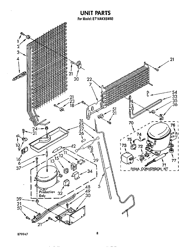 UNIT Diagram and Parts List for ET14AKXSW03  Whirlpool Refrigerator