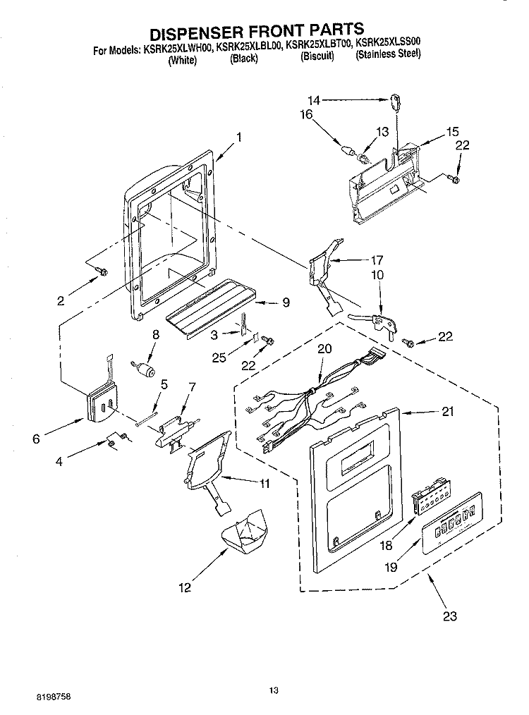 DISPENSER FRONT PARTS Diagram and Parts List for KSRK25XLBT00  KitchenAid Refrigerator