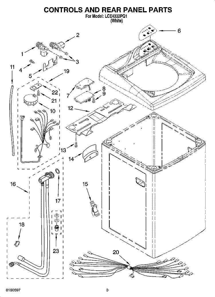 CONTROLS AND REAR PANEL PARTS Diagram and Parts List for LCE4332PQ1  Whirlpool Washer