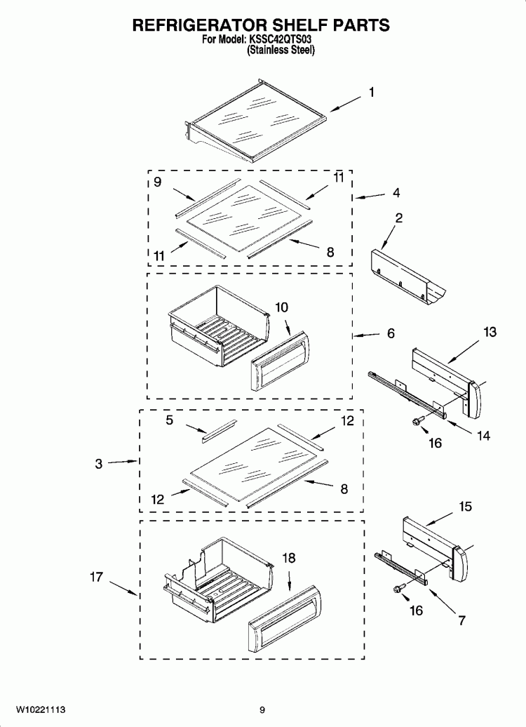 REFRIGERATOR SHELF PARTS Diagram and Parts List for KSSC42QTS03  KitchenAid Refrigerator