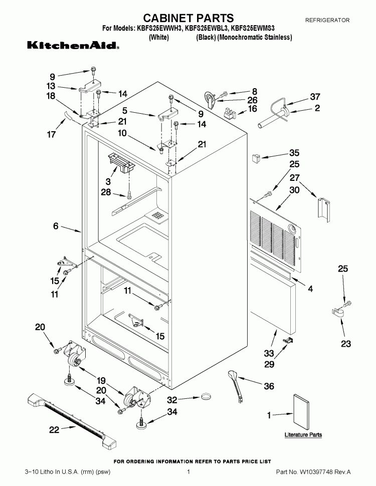 CABINET PARTS Diagram and Parts List for KBFS25EWBL3  KitchenAid Refrigerator