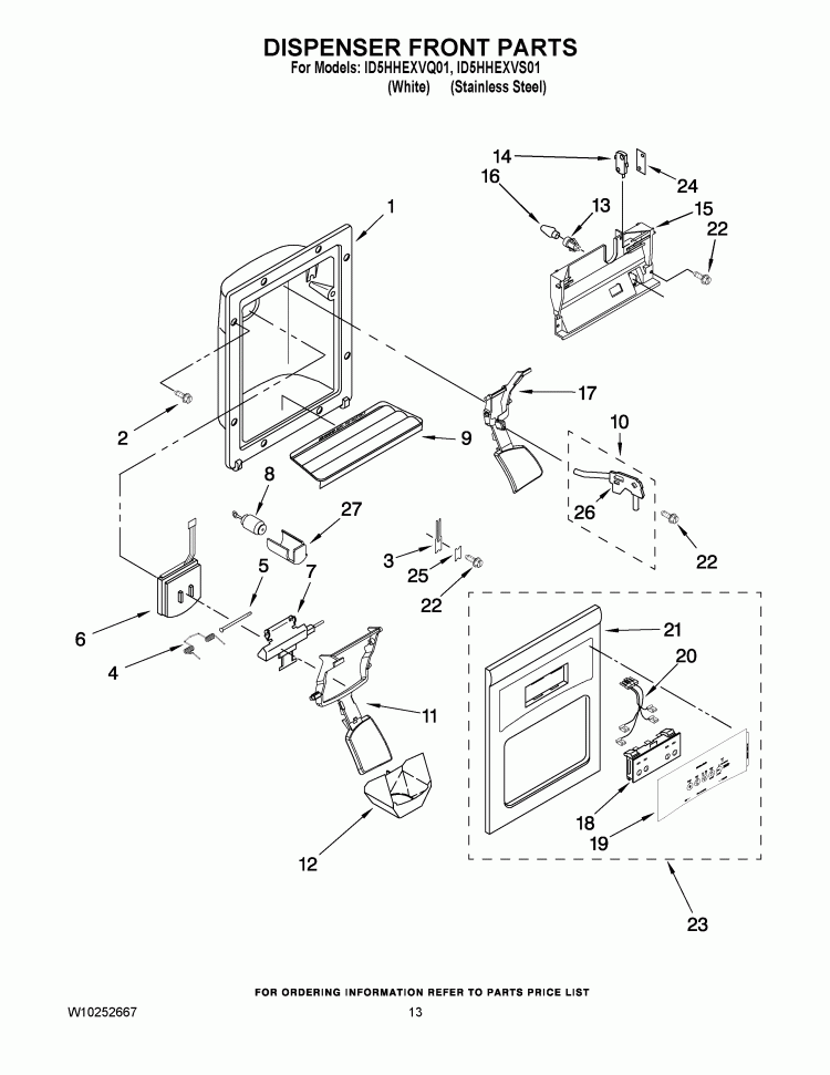 DISPENSER FRONT PARTS Diagram and Parts List for ID5HHEXVS01  Whirlpool Refrigerator