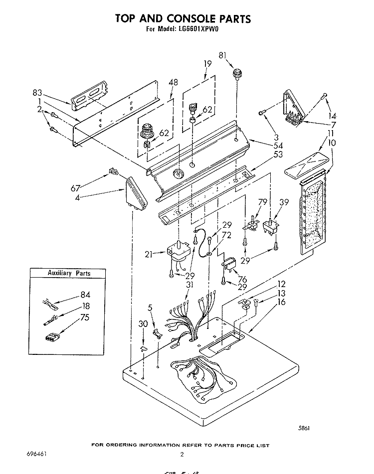 TOP AND CONSOLE , LITERATURE AND OPTIONAL Diagram and Parts List for LG6601XPW0  Whirlpool Dryer