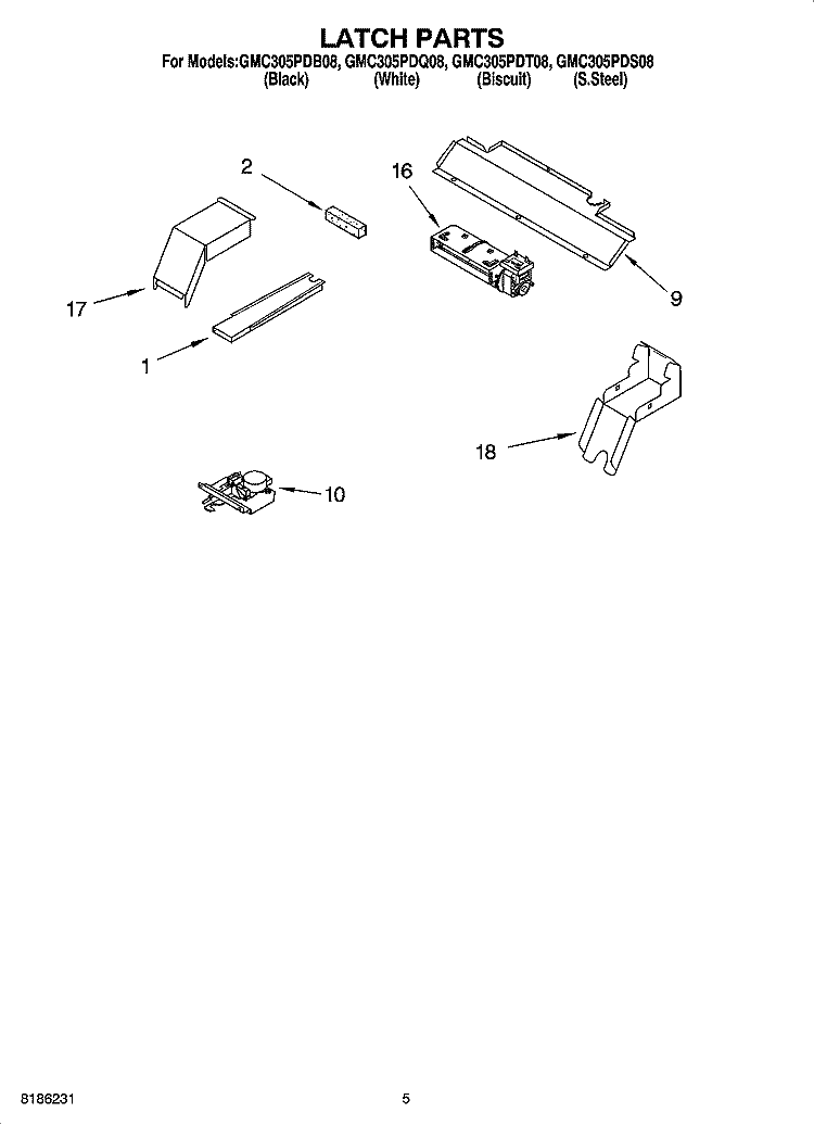 LATCH PARTS Diagram and Parts List for GMC305PDQ08  Whirlpool Microwave Oven Combo