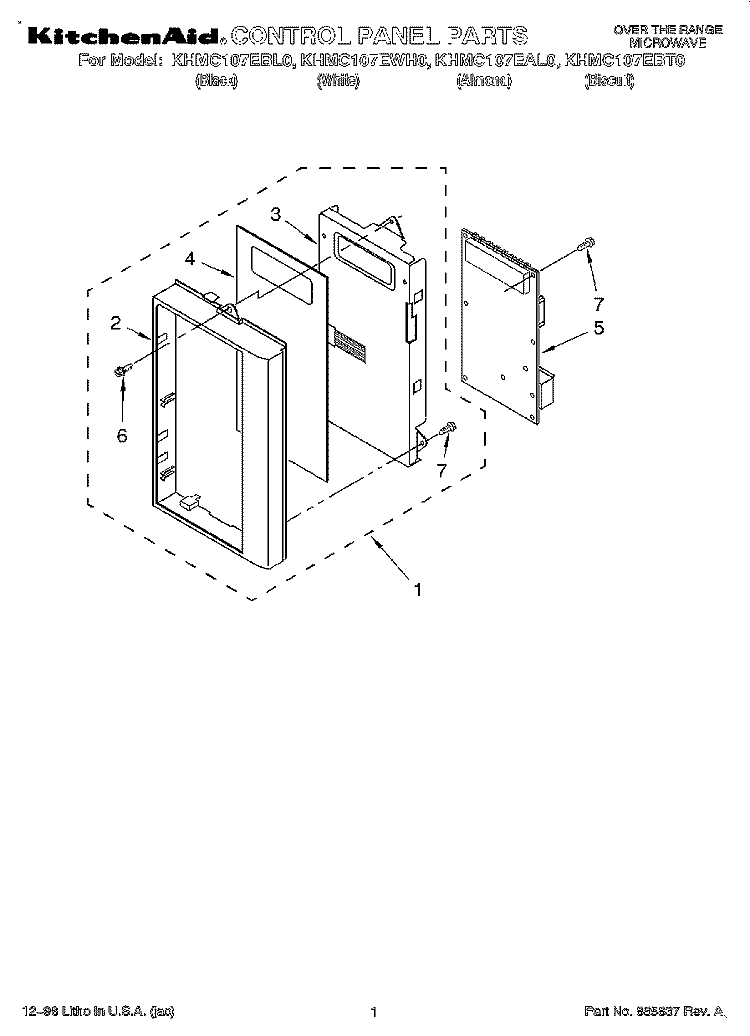 CONTROL PANEL Diagram and Parts List for KHMC107EBT0  KitchenAid Microwave