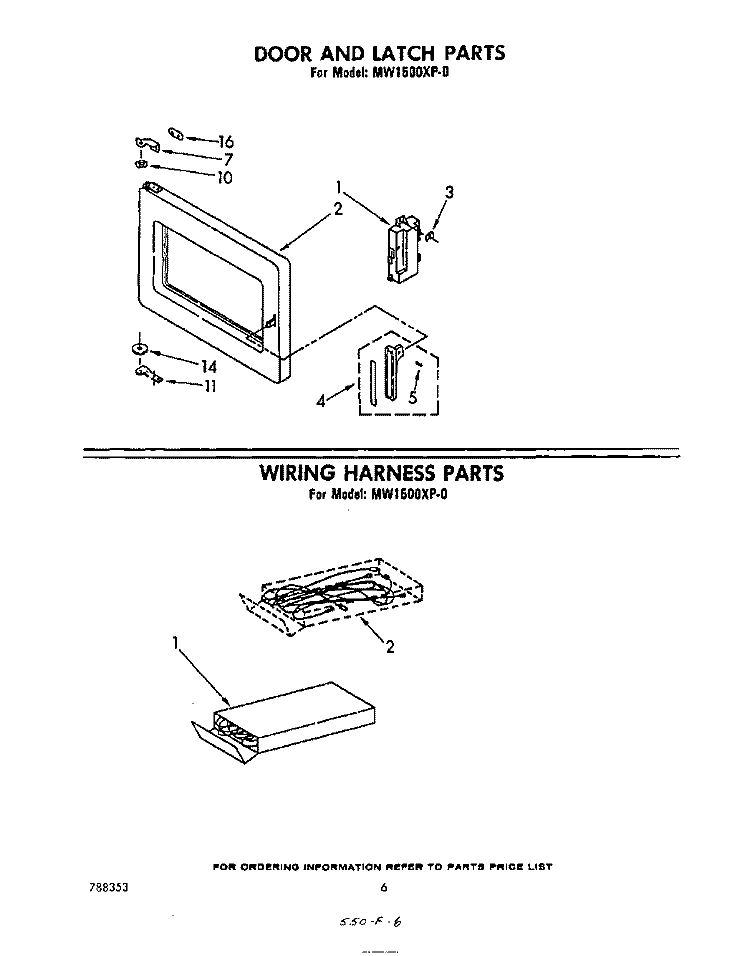 DOOR AND LATCH, WIRING HARNESS Diagram and Parts List for MW1500XP0  Whirlpool Microwave