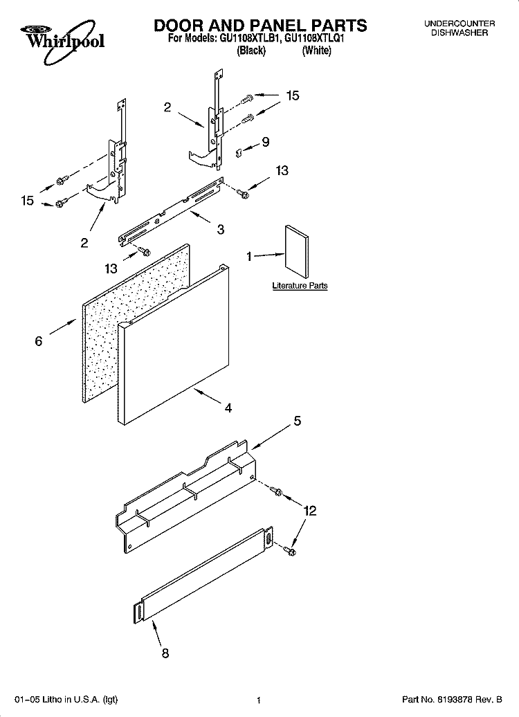 DOOR AND PANEL PARTS Diagram and Parts List for GU1108XTLB1  Whirlpool Dishwasher