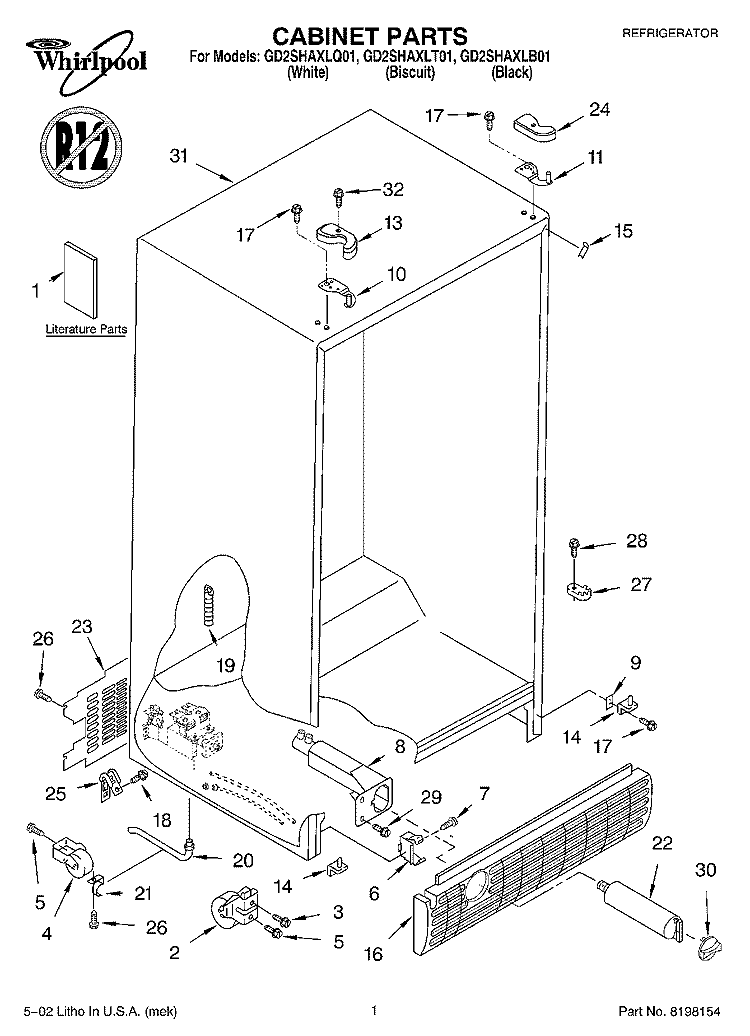 CABINET, LITERATURE Diagram and Parts List for GD25SHAXLB01  Whirlpool Refrigerator