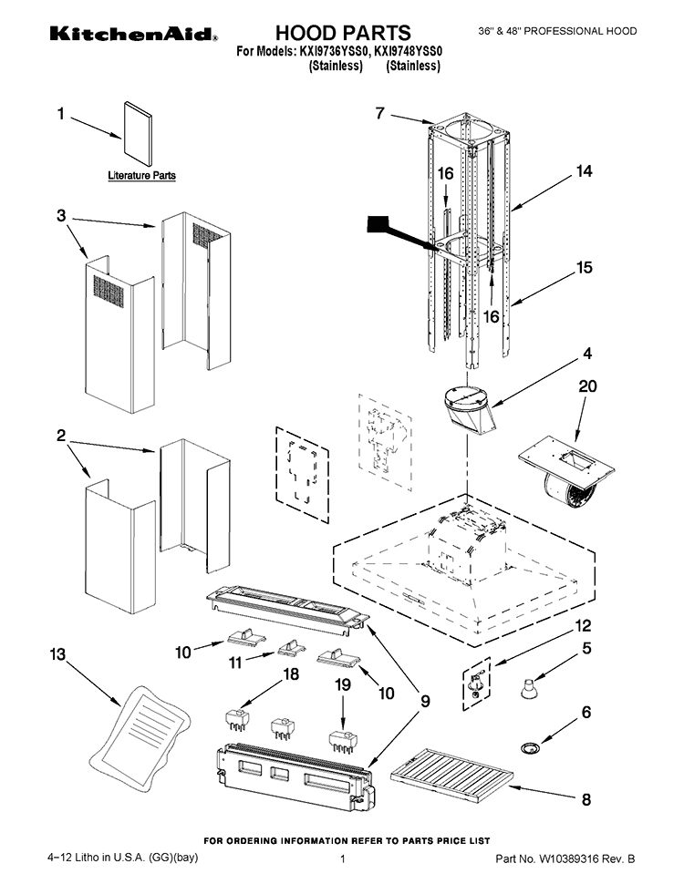 HOOD PARTS Diagram and Parts List for KXI9748YSS0  KitchenAid Range Hood