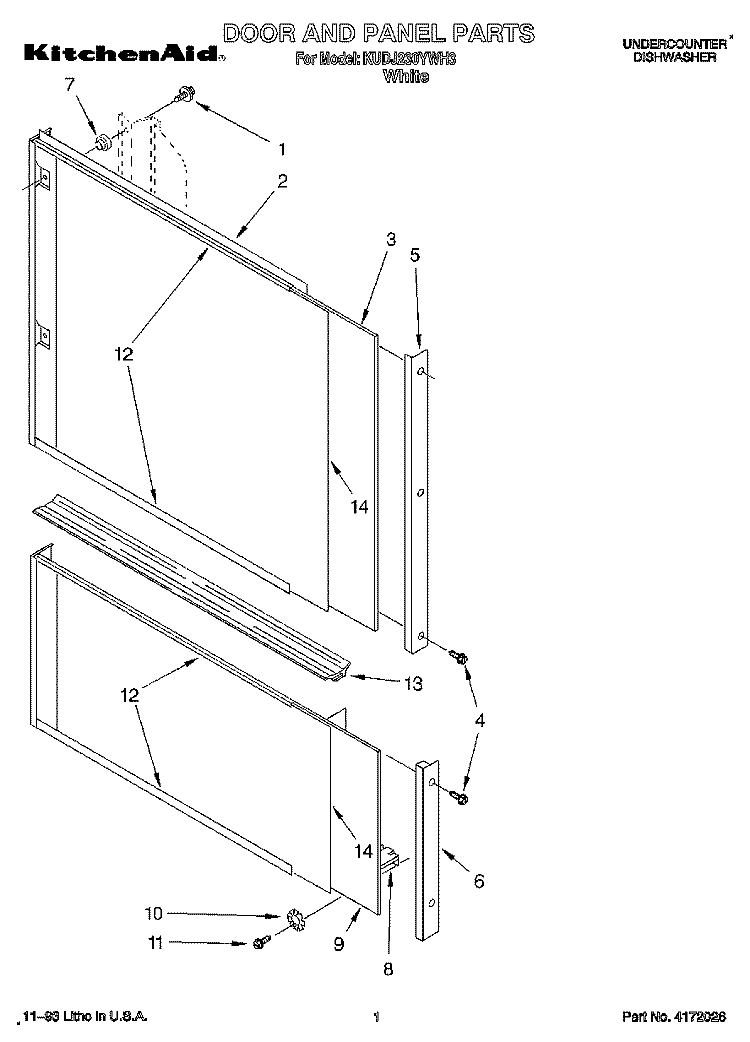 DOOR AND PANEL Diagram and Parts List for KUDJ230YWH3  KitchenAid Dishwasher