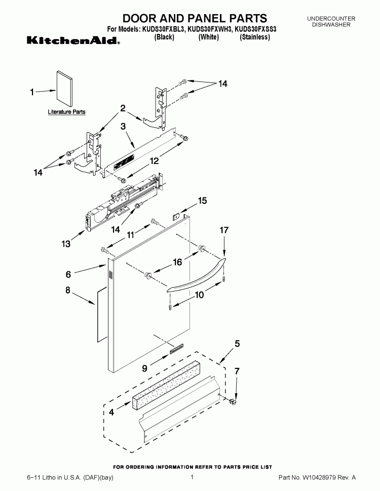 DOOR AND PANEL PARTS Diagram and Parts List for KUDS30FXBL3  KitchenAid Dishwasher