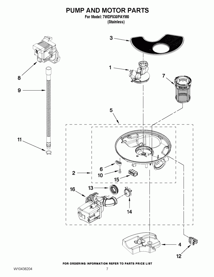 PUMP AND MOTOR PARTS Diagram and Parts List for 7WDF530PAYM0  Whirlpool Dishwasher