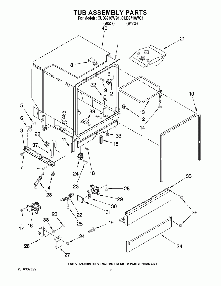 TUB ASSEMBLY PARTS Diagram and Parts List for CUD6710WQ1  Crosley Dishwasher