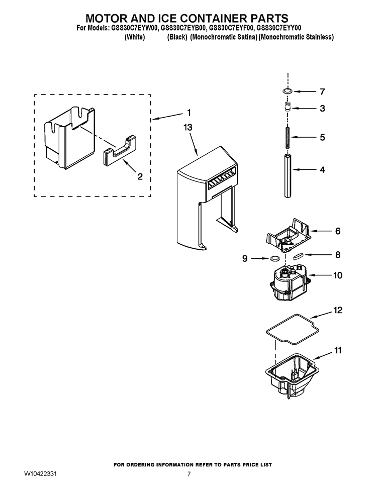 MOTOR AND ICE CONTAINER PARTS Diagram and Parts List for GSS30C7EYF00  Whirlpool Refrigerator