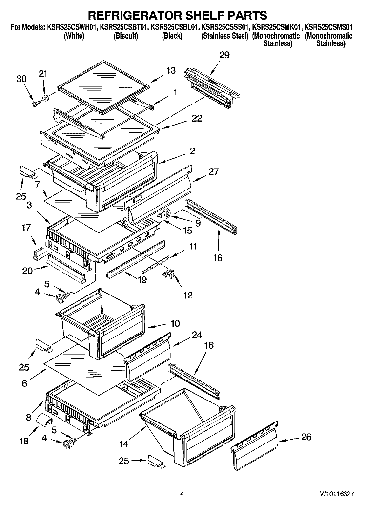 REFRIGERATOR SHELF PARTS Diagram and Parts List for KSRS25CSSS01  KitchenAid Refrigerator