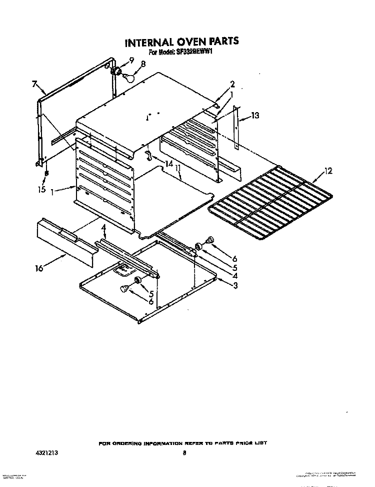 INTERNAL OVEN Diagram and Parts List for SF332BEWN1  Whirlpool Range