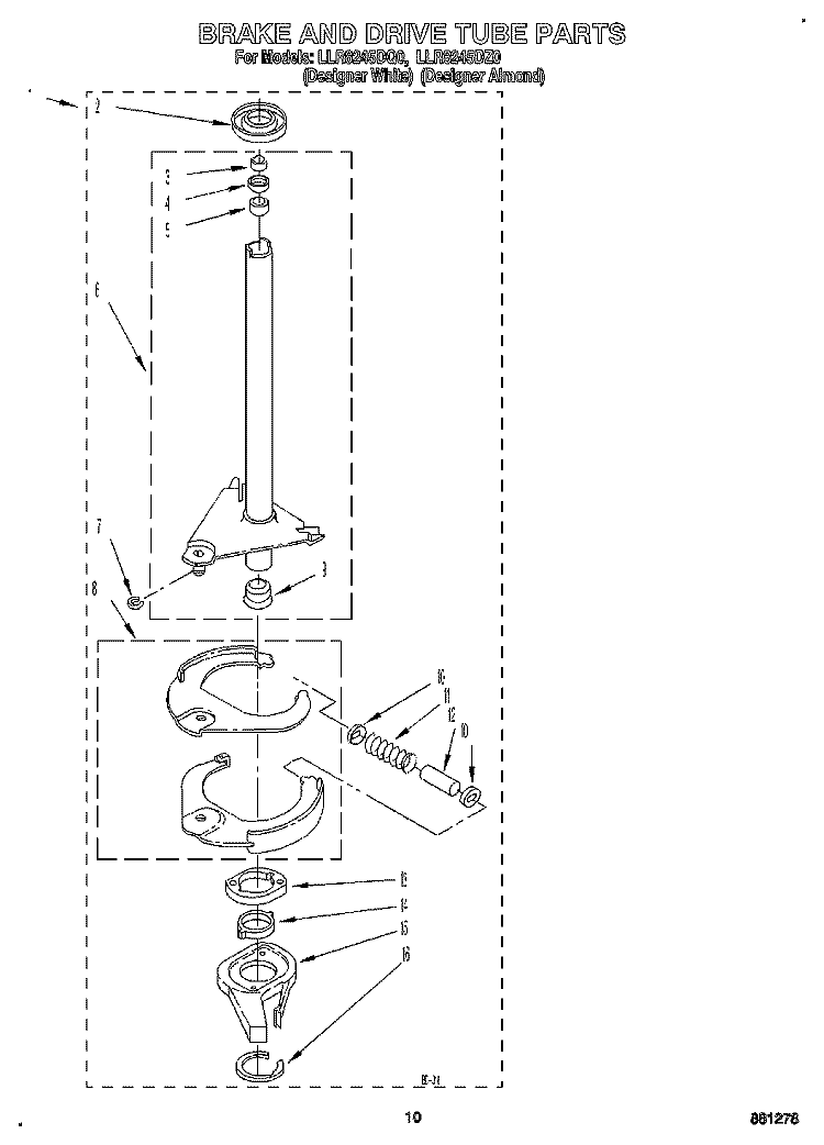 BRAKE AND DRIVE TUBE Diagram and Parts List for LLR8245DQ0  Whirlpool Washer