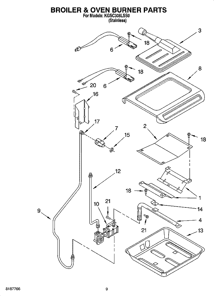 BROILER & OVEN BURNER PARTS Diagram and Parts List for KGSC308LSS0  KitchenAid Range