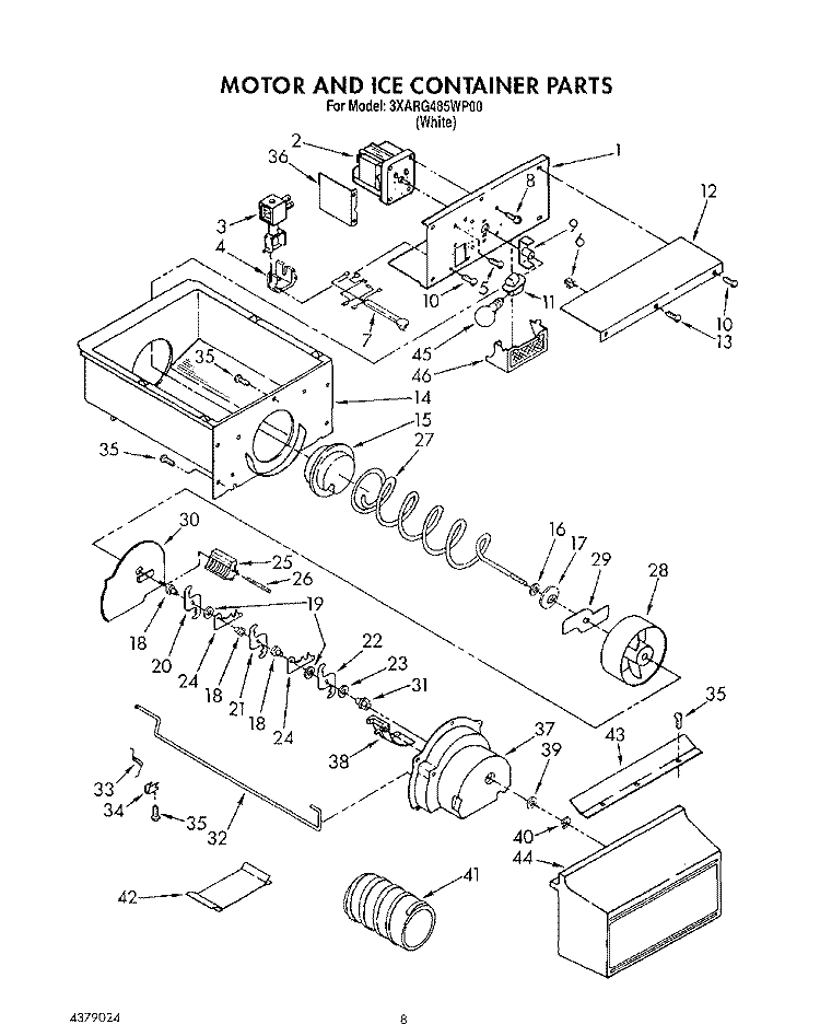 MOTOR AND ICE CONTAINER Diagram and Parts List for 3XARG485WP00  Whirlpool Refrigerator