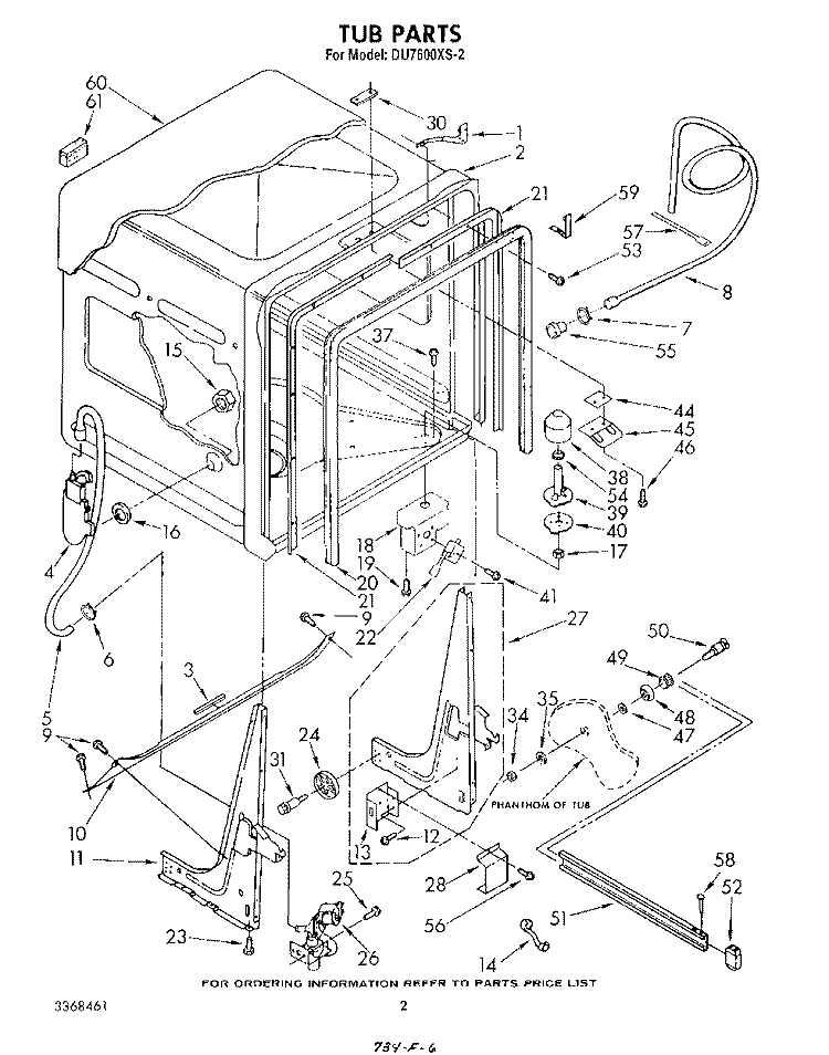 TUB , LIT/OPTIONAL Diagram and Parts List for DU7600XS2  Whirlpool Dishwasher