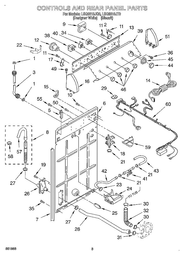 CONTROLS AND REAR PANEL Diagram and Parts List for LSQ9610JT0  Whirlpool Washer