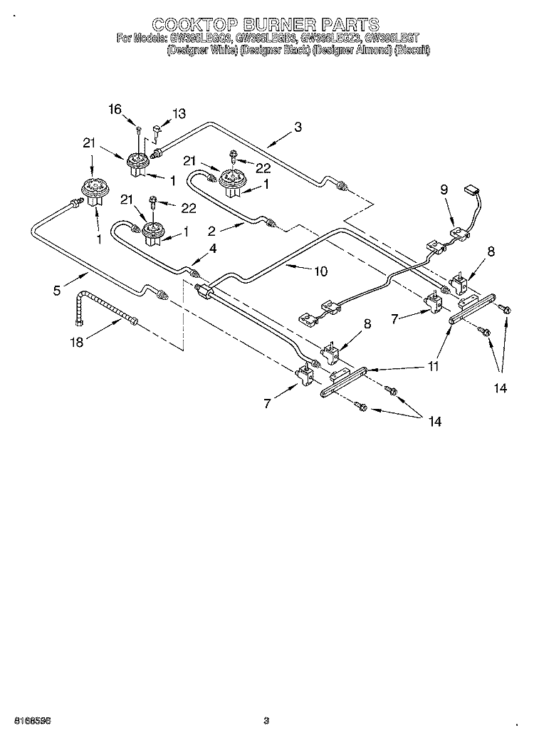COOKTOP BURNER Diagram and Parts List for GW395LEGB3  Whirlpool Range
