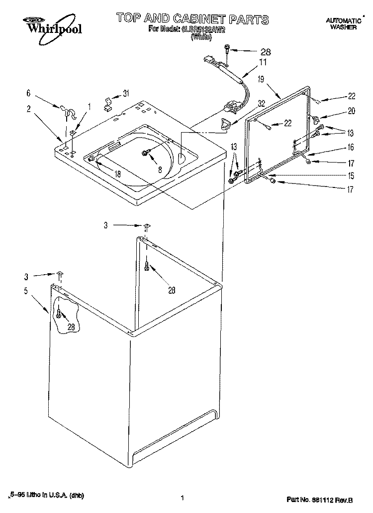TOP AND CABINET, LIT/OPTIONAL Diagram and Parts List for 6LBR5132AW2  Whirlpool Washer