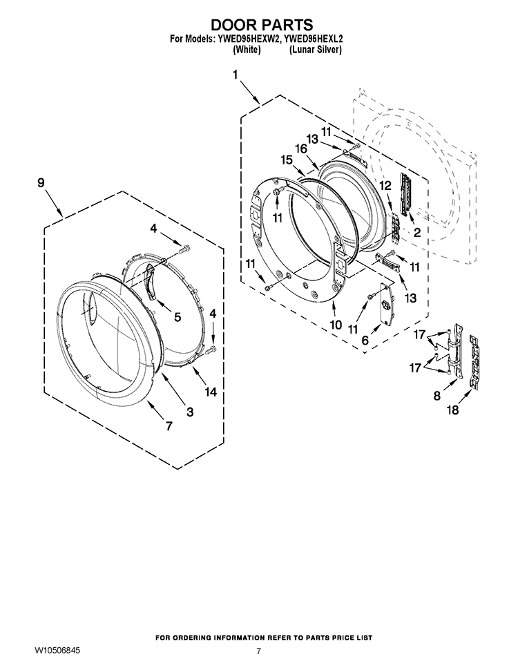 DOOR PARTS Diagram and Parts List for YWED95HEXW2  Whirlpool Dryer