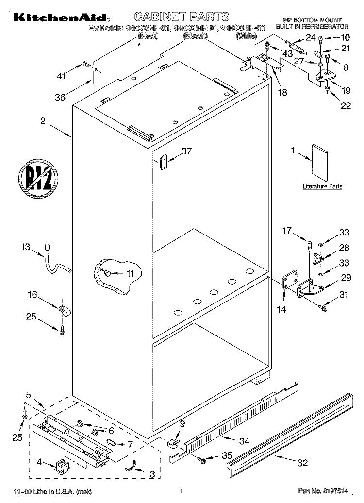 CABINET, LITERATURE Diagram and Parts List for KBRC36MHT01  KitchenAid Refrigerator