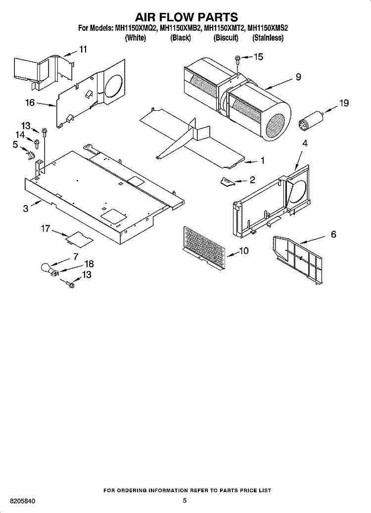 AIR FLOW PARTS Diagram and Parts List for MH1150XMQ2  Whirlpool Microwave