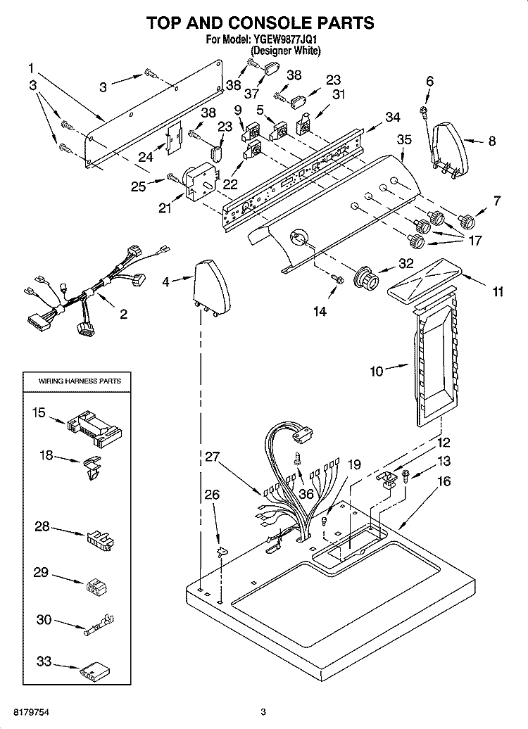 TOP AND CONSOLE PARTS Diagram and Parts List for YGEW9877JQ1  Whirlpool Dryer