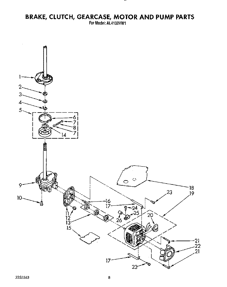 BRAKE, CLUTCH, GEARCASE, MOTOR AND PUMP Diagram and Parts List for AL4132VL1  Whirlpool Washer