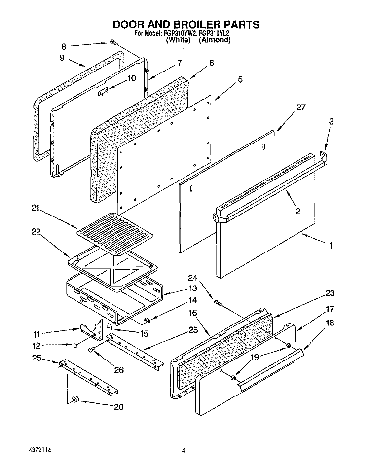 DOOR AND BROILER Diagram and Parts List for FGP310YW2  Roper Range
