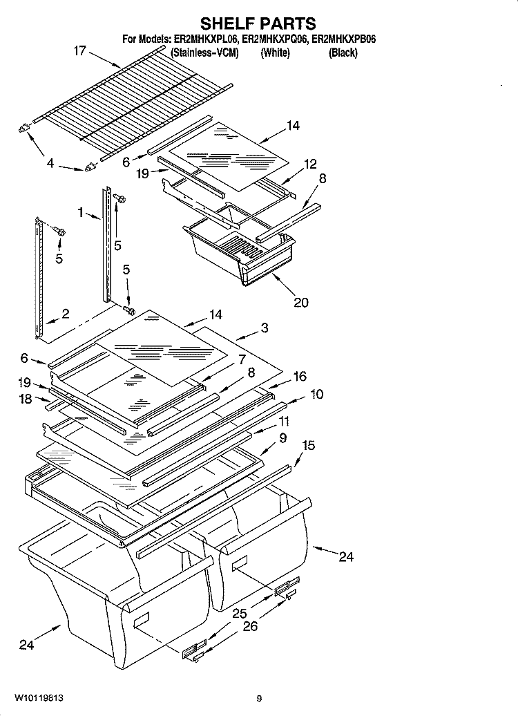 SHELF PARTS, OPTIONAL PARTS (NOT INCLUDED) Diagram and Parts List for ER2MHKXPL06  Whirlpool Refrigerator