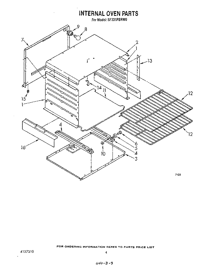 INTERNAL OVEN Diagram and Parts List for SF331PSRW0  Whirlpool Range