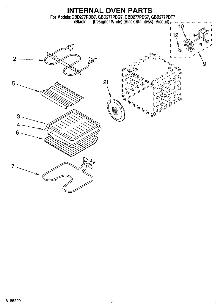 INTERNAL OVEN Diagram and Parts List for GBD277PDT7  Whirlpool Wall Oven