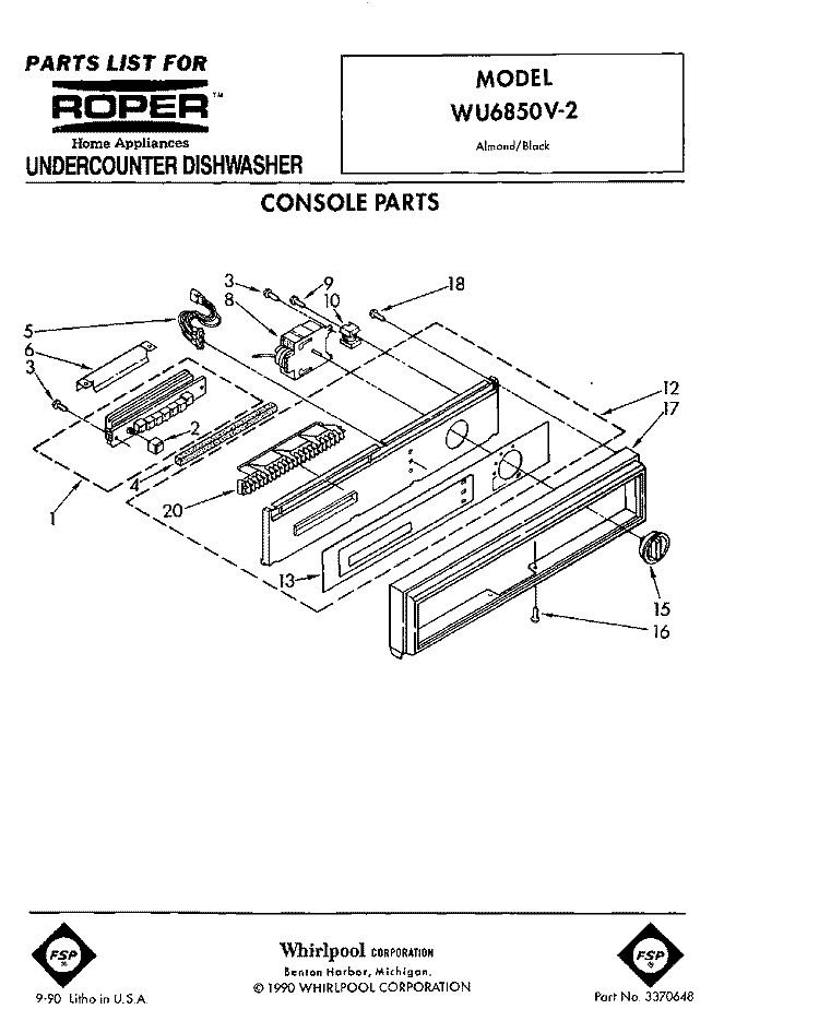 CONSOLE PARTS Diagram and Parts List for WU6850V2  Roper Dishwasher