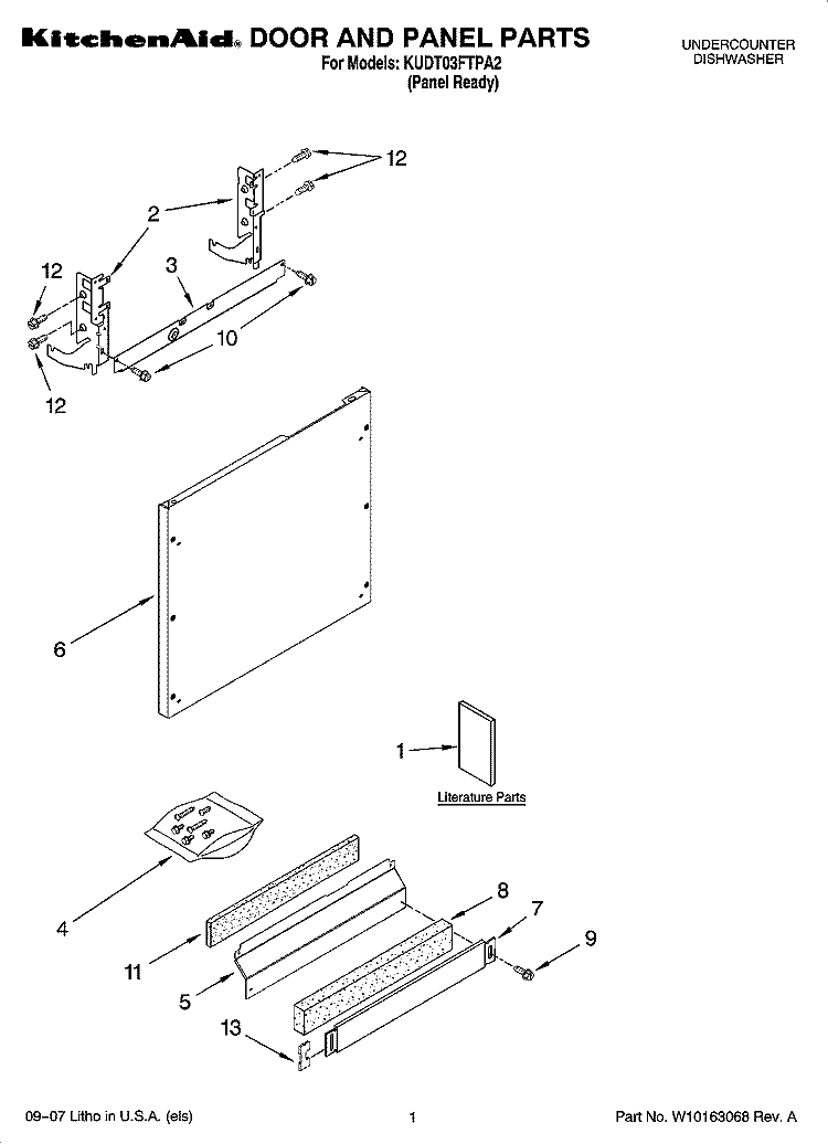 DOOR AND PANEL PARTS Diagram and Parts List for KUDT03FTPA2  KitchenAid Dishwasher