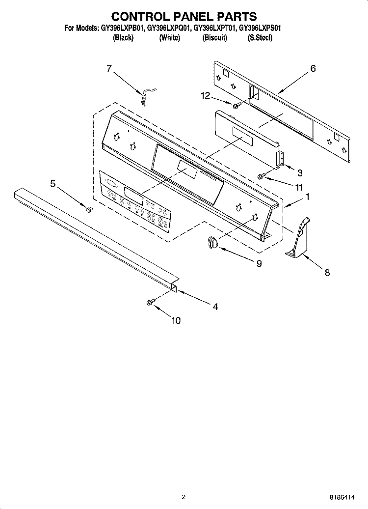 CONTROL PANEL PARTS Diagram and Parts List for GY396LXPB01  Whirlpool Range