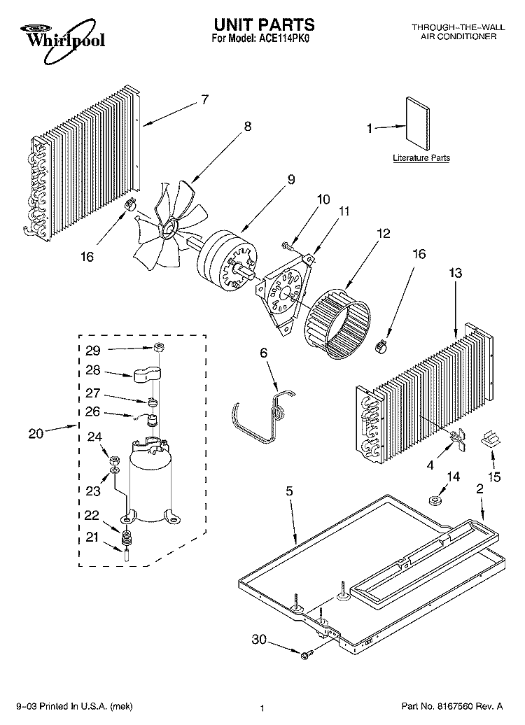 UNIT PARTS Diagram and Parts List for ACE114PK0  Whirlpool Air Conditioner