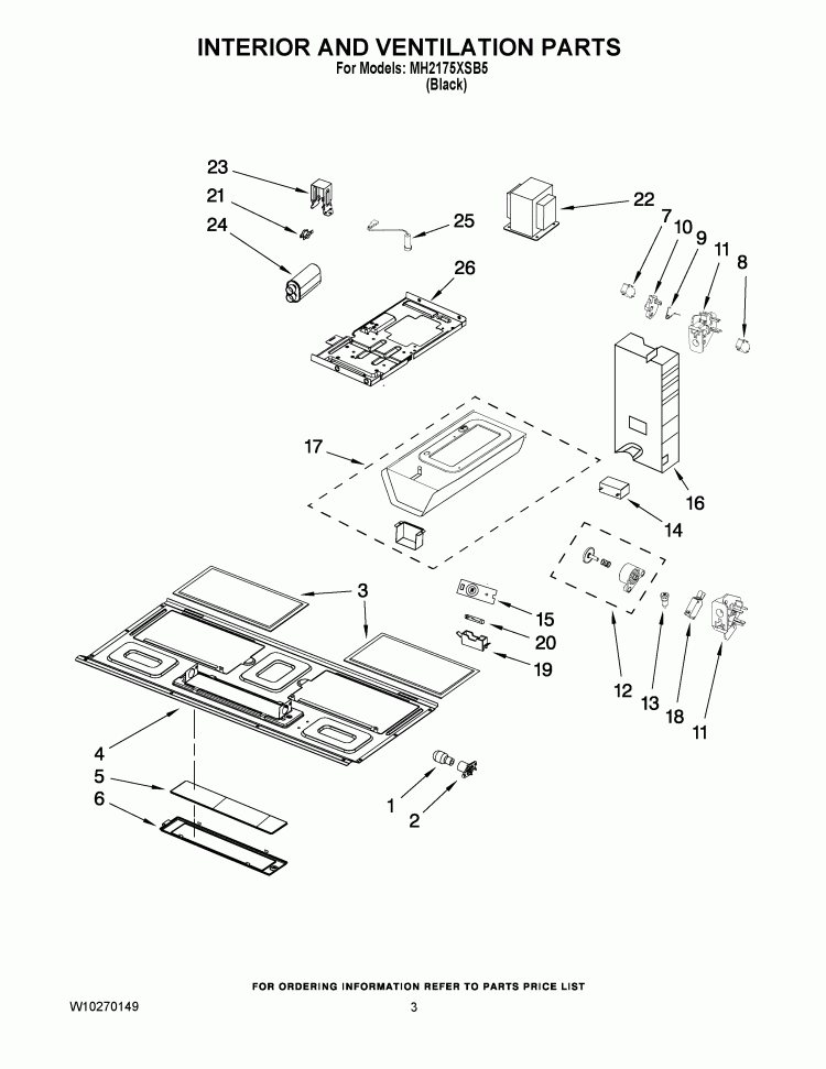 INTERIOR AND VENTILATION PARTS Diagram and Parts List for MH2175XSB5  Whirlpool Microwave