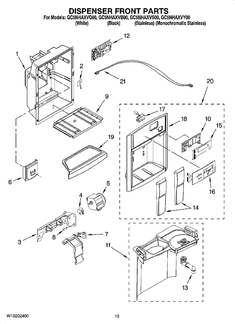 DISPENSER FRONT PARTS Diagram and Parts List for GC5NHAXVB00  Whirlpool Refrigerator