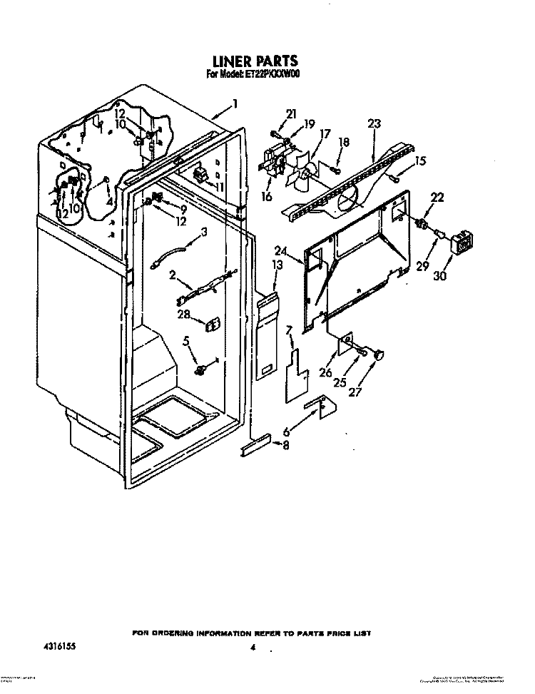 LINER Diagram and Parts List for ET22PKXXN00  Whirlpool Refrigerator