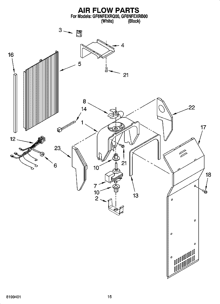 AIR FLOW PARTS Diagram and Parts List for GF6NFEXRQ00  Whirlpool Refrigerator
