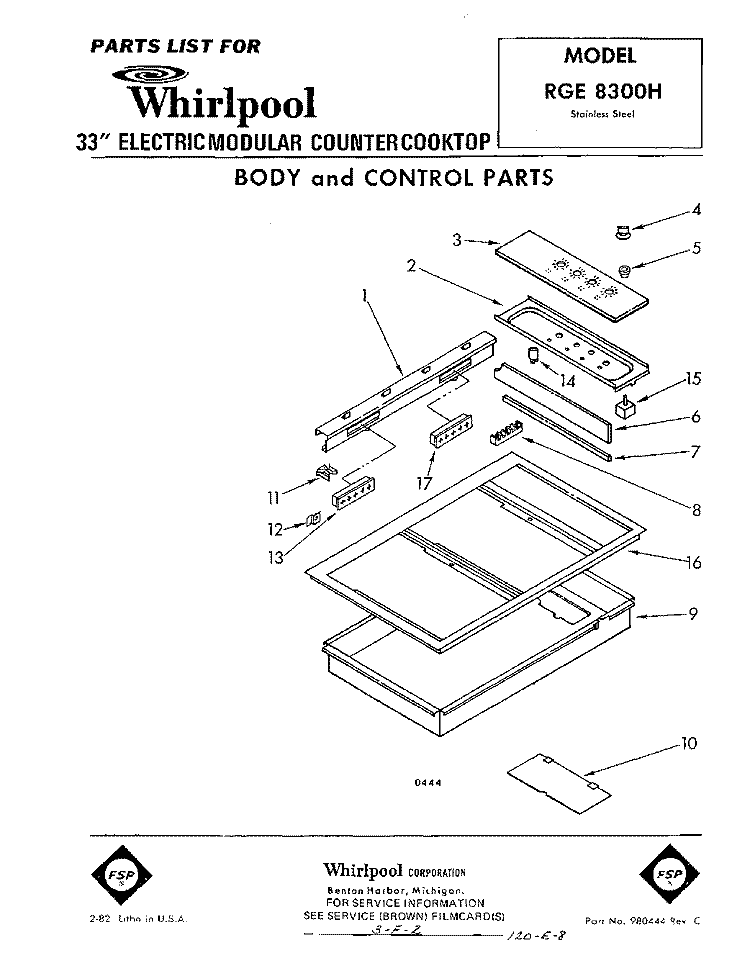 BODY AND CONTROL Diagram and Parts List for RGE8300H  Whirlpool Range