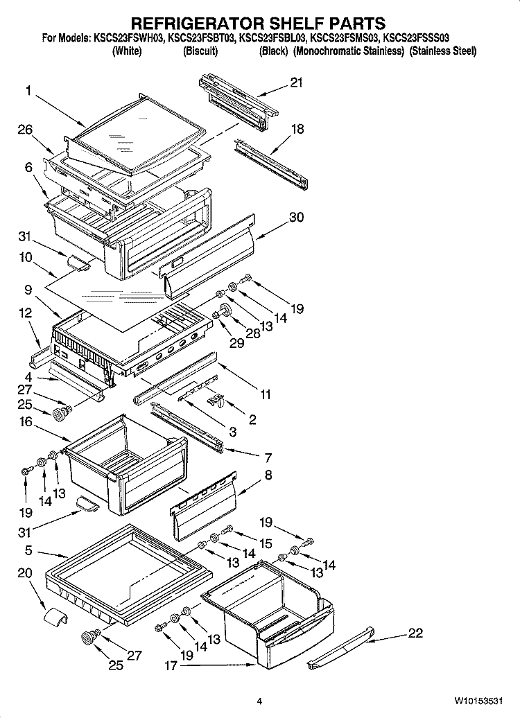 REFRIGERATOR SHELF PARTS Diagram and Parts List for KSCS23FSBT03  KitchenAid Refrigerator